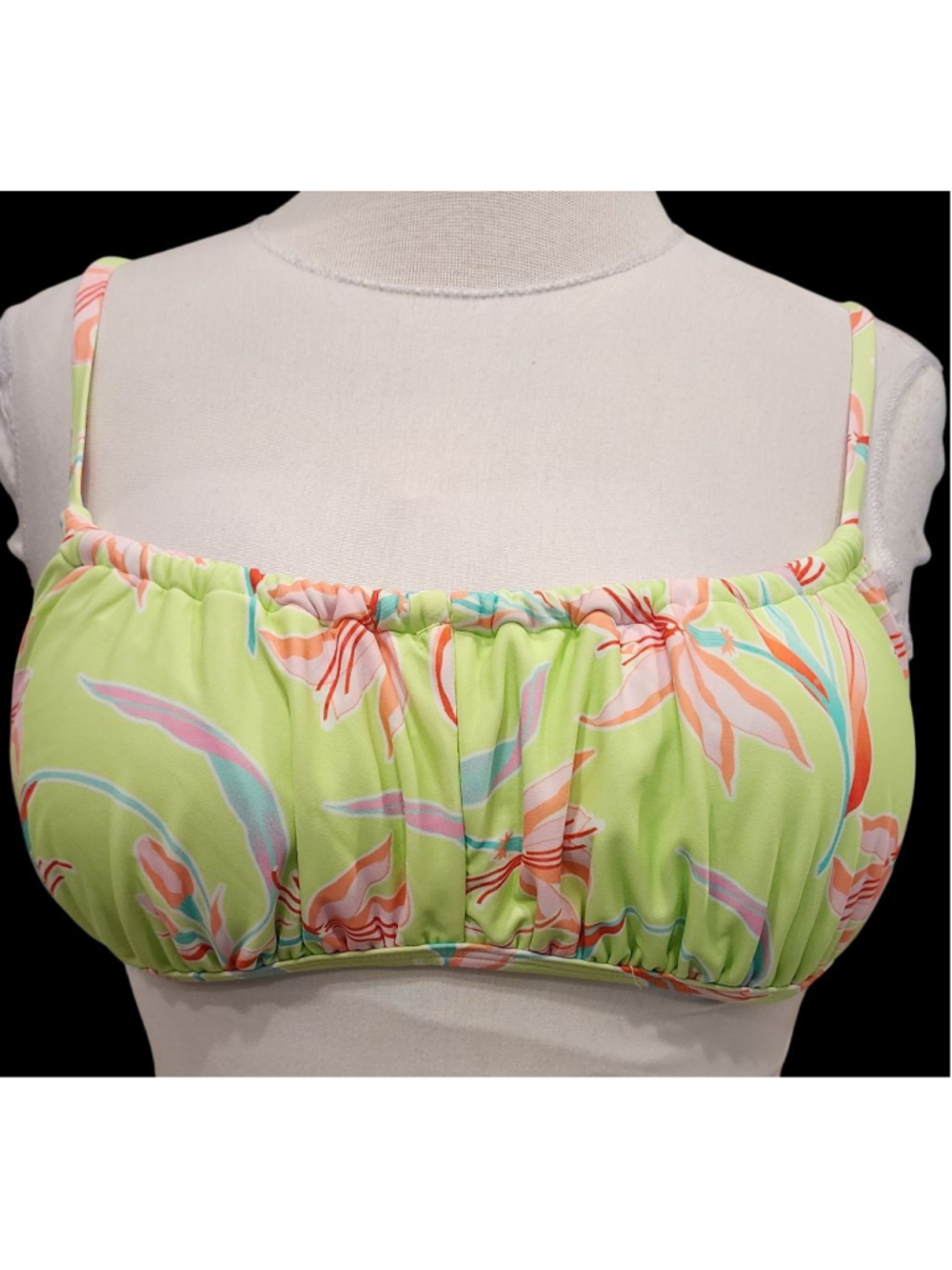 NINETY-NINE Lime Green Floral Bandeau Bikini Top XL NWT Adjustable Straps Ruched